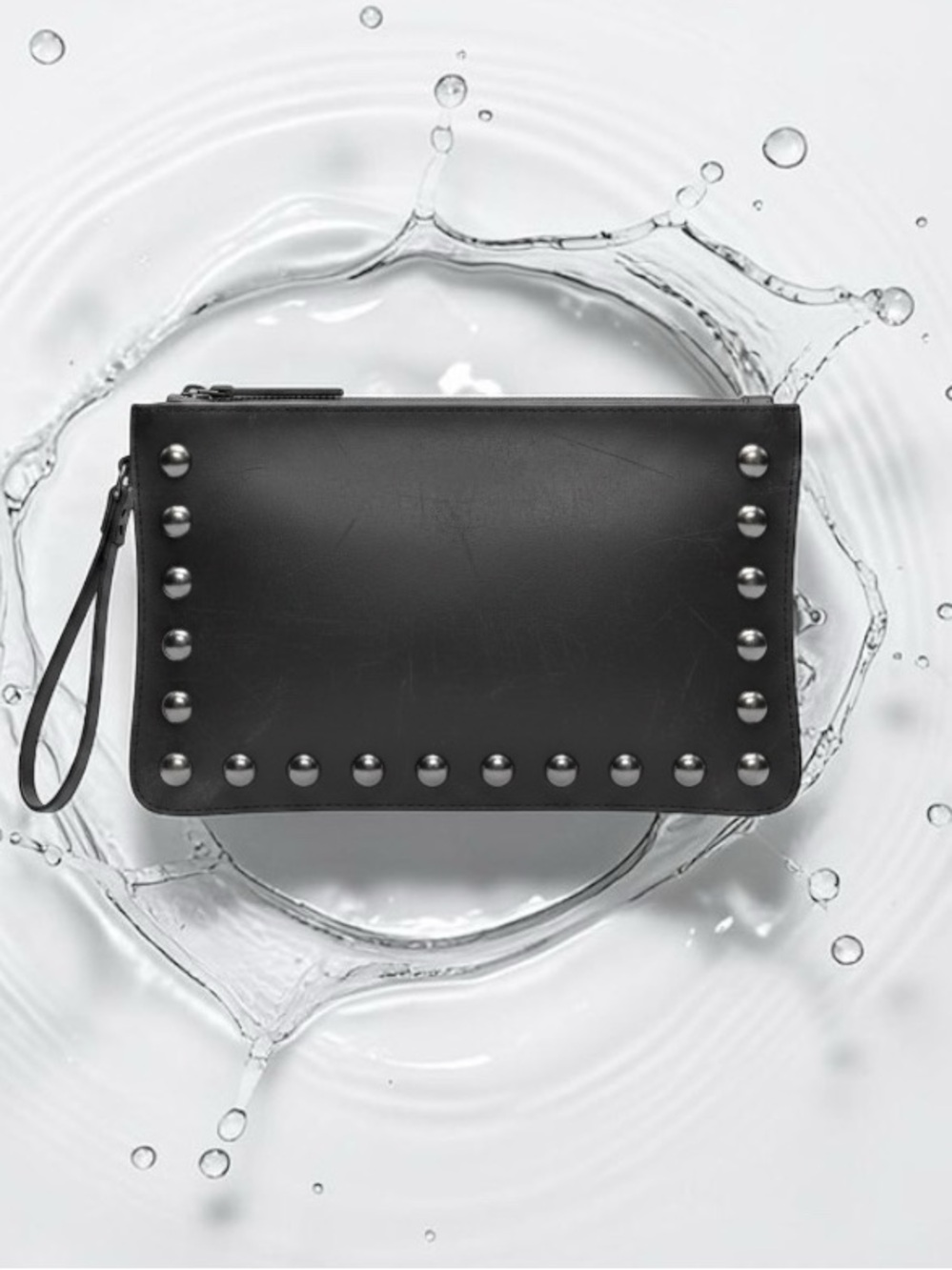 Black Studded Leather Wristlet Clutch